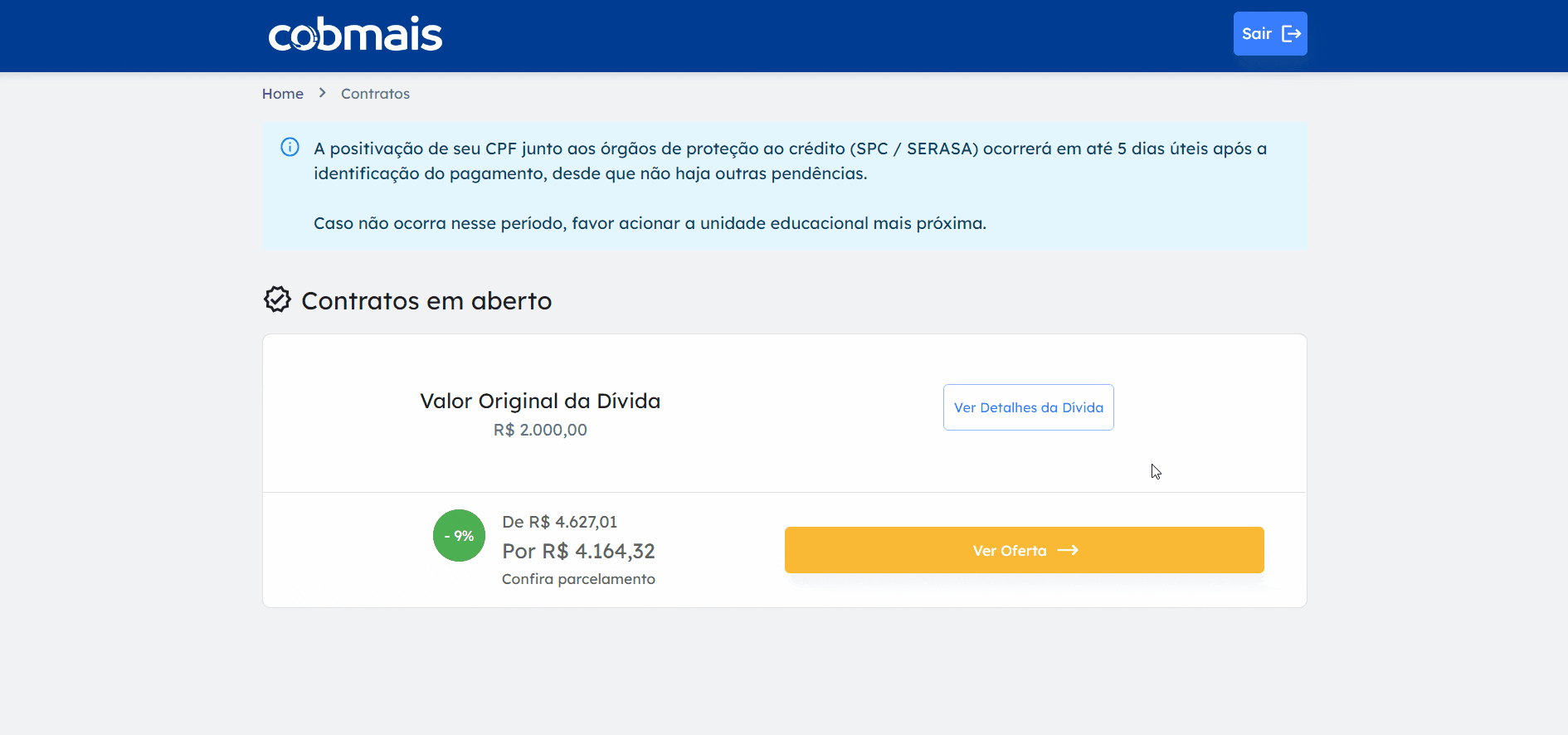 Tela do portal de autonegociação do Cobmais