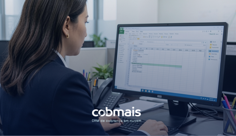 Capa do artigo sobre relatório dinâmico na cobrança, com profissional analisando dados em tela de computador