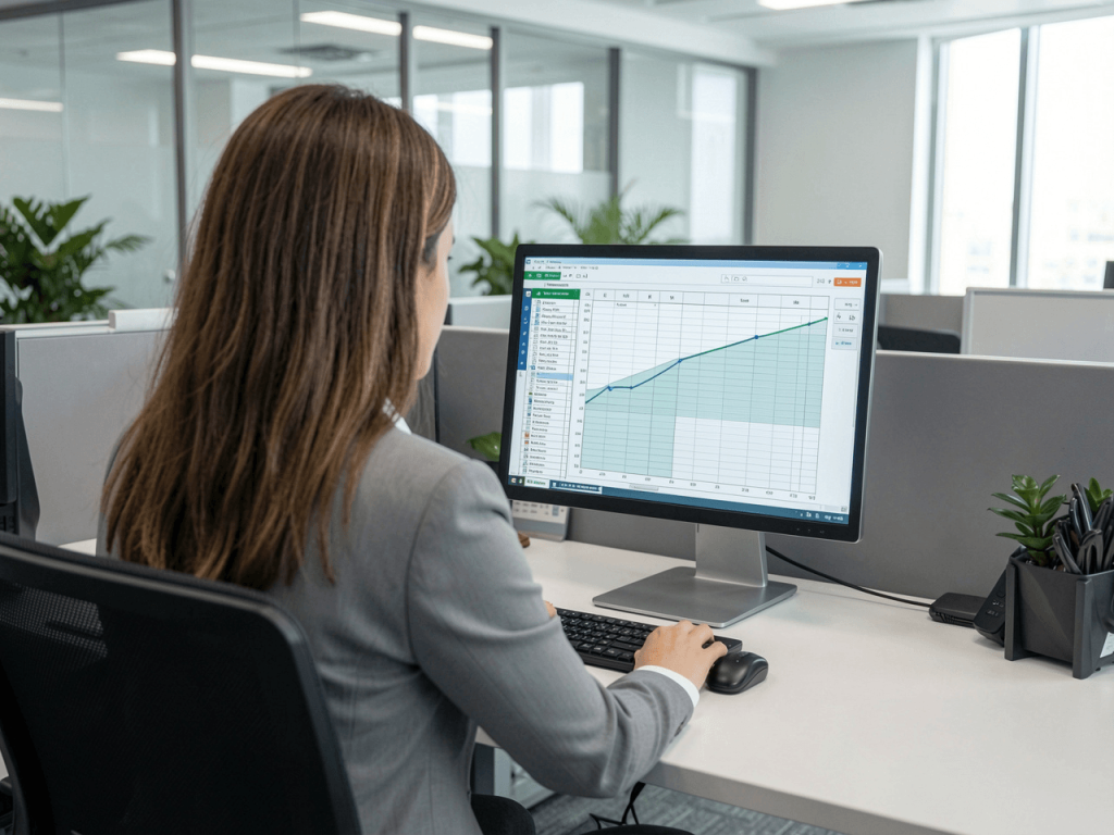Gestor analisando gráfico de relatório dinâmico na cobrança em tela de computador no escritório